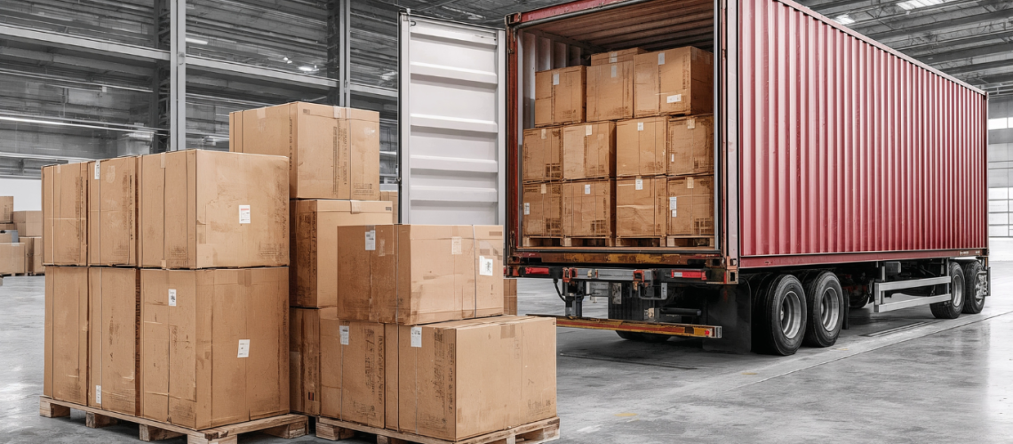 Shipping container and freight pallets representing supply chain due diligence and supplier vetting for distributors